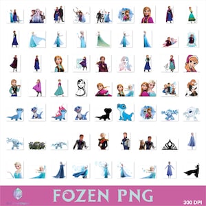 Op de afbeelding: Een verzameling PNG-afbeeldingen met personages en elementen uit de animatiefilm "Frozen". De afbeeldingen bevatten Elsa, Anna, Olaf, Kristoff en andere personages in verschillende poses en sc&egrave;nes. De tekst "FOZEN PNG" wordt onderaan weergegeven.