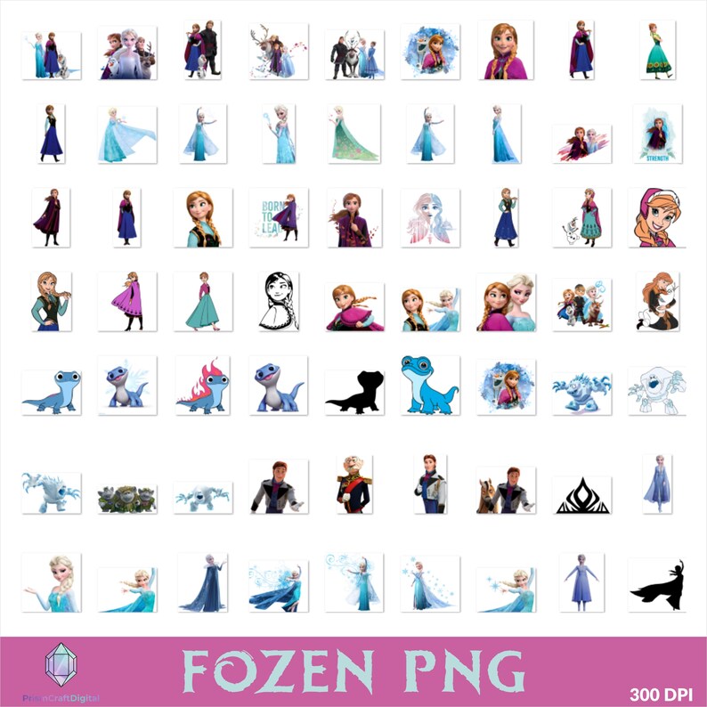 Op de afbeelding: Een verzameling PNG-afbeeldingen met personages en elementen uit de animatiefilm "Frozen". De afbeeldingen bevatten Elsa, Anna, Olaf, Kristoff en andere personages in verschillende poses en sc&egrave;nes. De tekst "FOZEN PNG" wordt onderaan weergegeven.