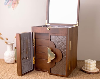 Textured Glass Jewelry Cabinet with Mirror, Large Wooden Jewelry Box for Women, Jewelry Storage Box, Anniversary Gift, Gift for Wife
