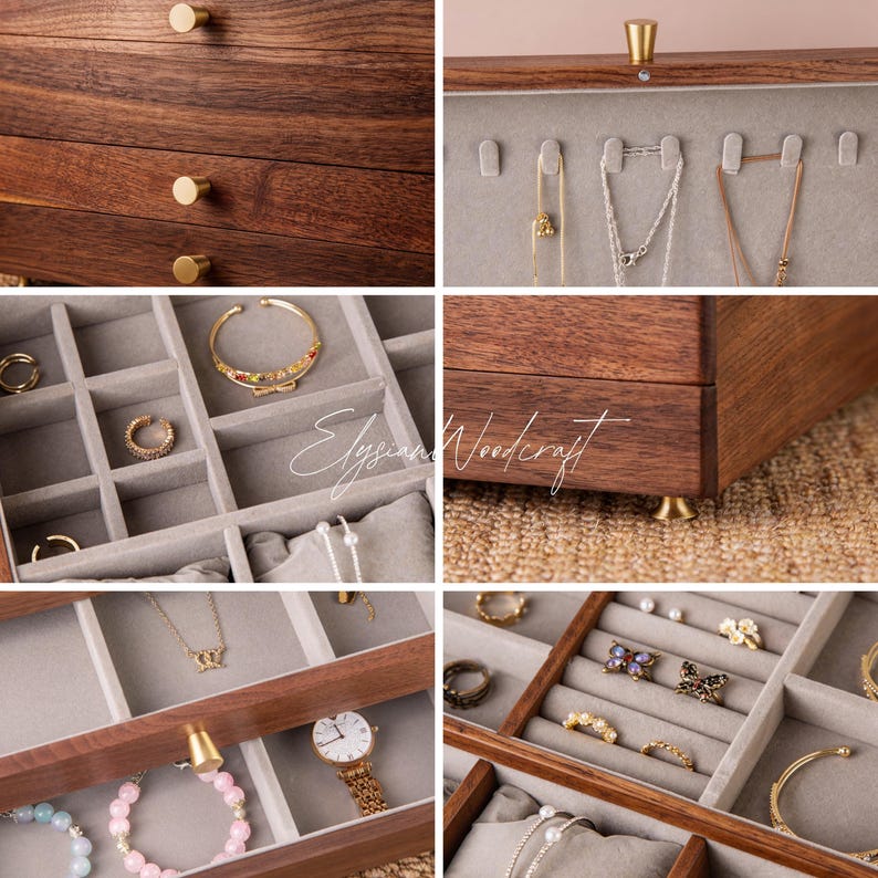 May include: A wooden jewelry box with multiple drawers and compartments. The box is made of dark wood and features gold-colored hardware. The interior is lined with gray fabric, and various pieces of jewelry are displayed, including rings, necklaces, and bracelets.