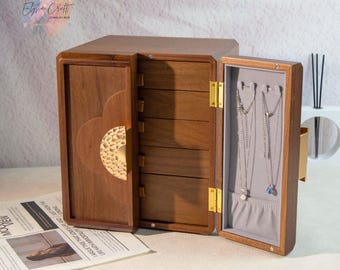 Handgemaakte houten sieradendoos met lade, walnoot sieraden opbergdoos, damescadeau, beste vriend cadeau, kerstcadeau, een cadeau voor haar