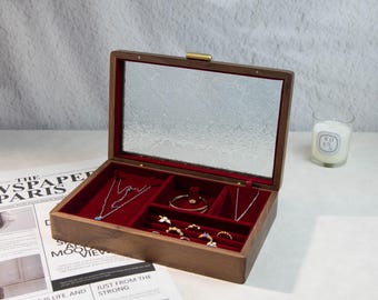 Luxury Walnut Jewelry Box with Glass Lid | Vintage Jewelry Organizer with Red Velvet Lining | bridesmaid gift | bridal gift | wedding gift