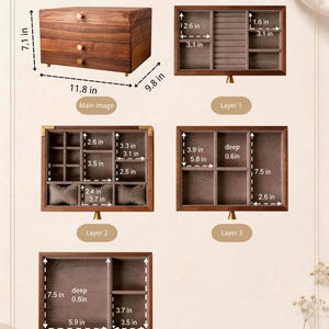 May include: A wooden jewelry box with three drawers, featuring a size chart. The main box is 11.8 inches wide, 9.8 inches deep, and 7.1 inches high. The chart details the dimensions of each layer's compartments in inches.