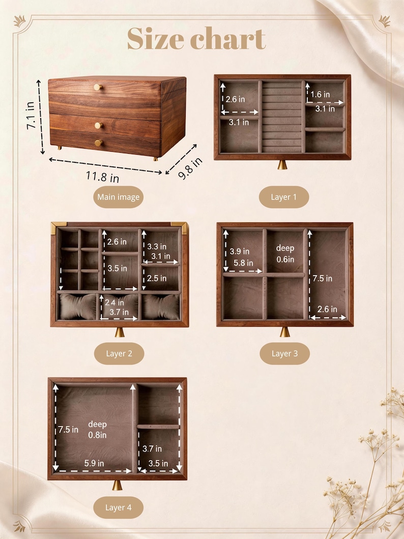 May include: A wooden jewelry box with three drawers, featuring a size chart. The main box is 11.8 inches wide, 9.8 inches deep, and 7.1 inches high. The chart details the dimensions of each layer's compartments in inches.