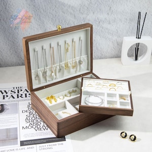 Luxury Walnut Jewelry Box | Large Wooden Jewelry Organizer with Removable Tray | Storage Case for Rings Earrings Necklaces Bracelets