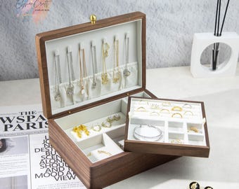 Luxus Walnuss Schmuckschatulle | Großer hölzerner Schmuckhalter mit abnehmbarem Tablett | Aufbewahrungsbox für Ringe Ohrringe Halsketten Armbänder