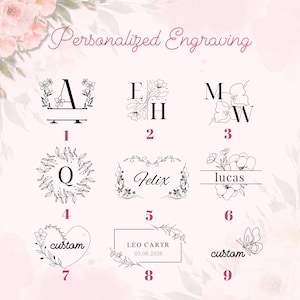 May include: A selection of personalized engraving designs, including letters, names, and dates. The designs feature floral accents, a heart, and a butterfly. The text "Personalized Engraving" is at the top.