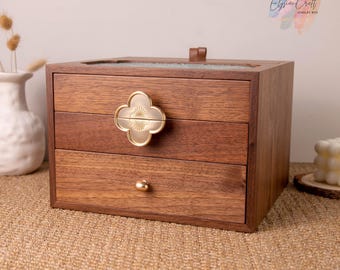 Custom wooden jewelry box, Large Wooden Jewelry Organizer with Glass Top, Jewelry storage box, Gift for mom, Anniversary Gift