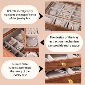 May include: A wooden jewelry box with multiple compartments, showcasing various pieces of jewelry. The box has a rich, brown finish and features delicate metal handles. The text on the image says, "Delicate metal jewelry highlights the magnificence of the jewelry box."
