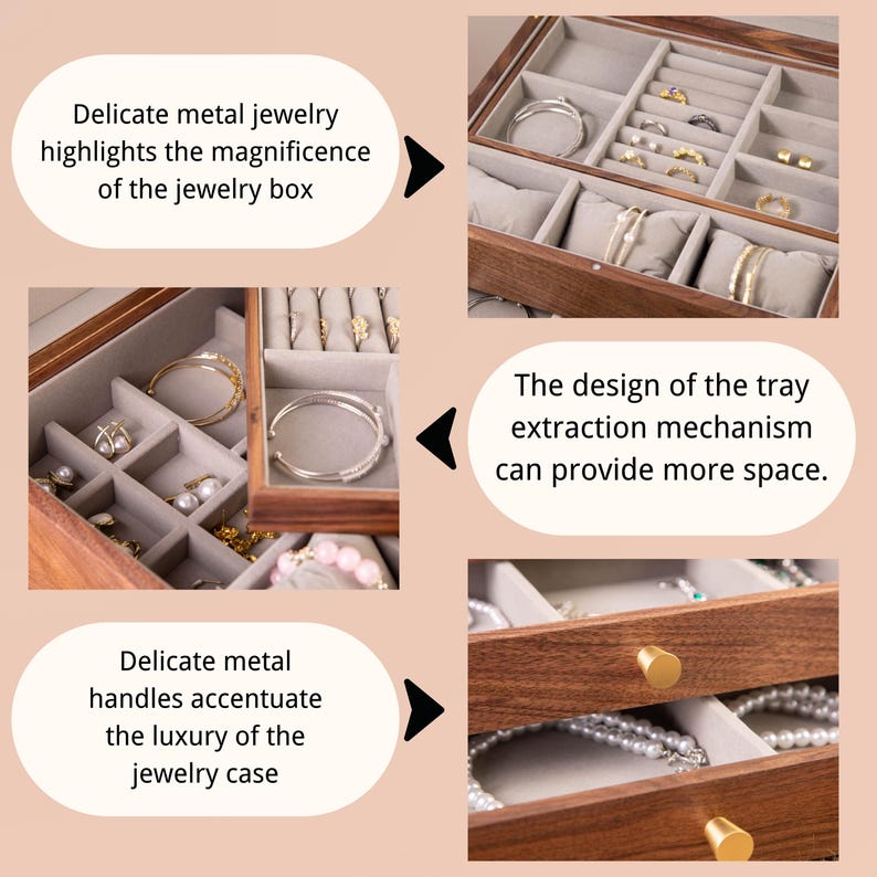 May include: A wooden jewelry box with multiple compartments, showcasing various pieces of jewelry. The box has a rich, brown finish and features delicate metal handles. The text on the image says, "Delicate metal jewelry highlights the magnificence of the jewelry box."