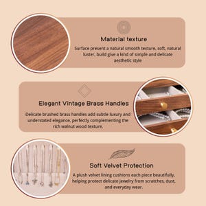 May include: A wooden jewelry box with brass handles and a soft velvet interior. The image highlights the material texture, elegant handles, and soft velvet protection. The text in the image describes the features of the jewelry box.