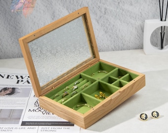 Wooden Jewelry Box with Glass Lid | Vintage Jewelry Organizer with Green Velvet Lining | Elegant Gift for Women Mom Wife | personalized gift