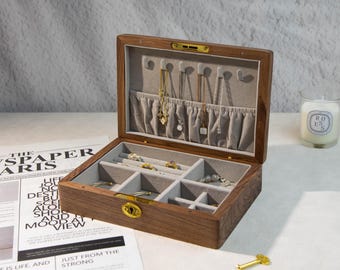 Walnuss Schmuckkästchen mit Verschluss | Holzschmuck Organizer mit Samtfutter & Schlüssel | Halskette Ring Ohrring Lagerung Geschenk für Frauen