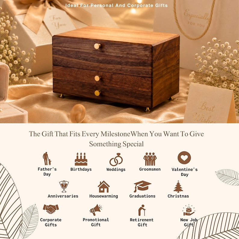 May include: A wooden jewelry box with three drawers and gold-colored knobs. The box is made of dark brown wood and sits on small gold feet. Text on the image reads "The Gift That Fits Every Milestone When You Want To Give Something Special."