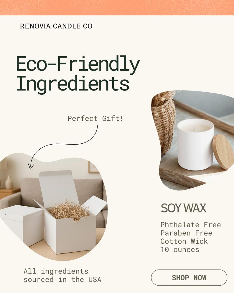 Op de afbeelding: Een advertentie voor RENOVIA CANDLE CO. met een witte kaars met een houten deksel en een witte doos gevuld met gescheurd papier. De tekst luidt "Eco-Friendly Ingredients" en "Alle ingredi&euml;nten afkomstig uit de VS". De kaars is gemaakt van sojawas en een katoenen lont, 283 gram.