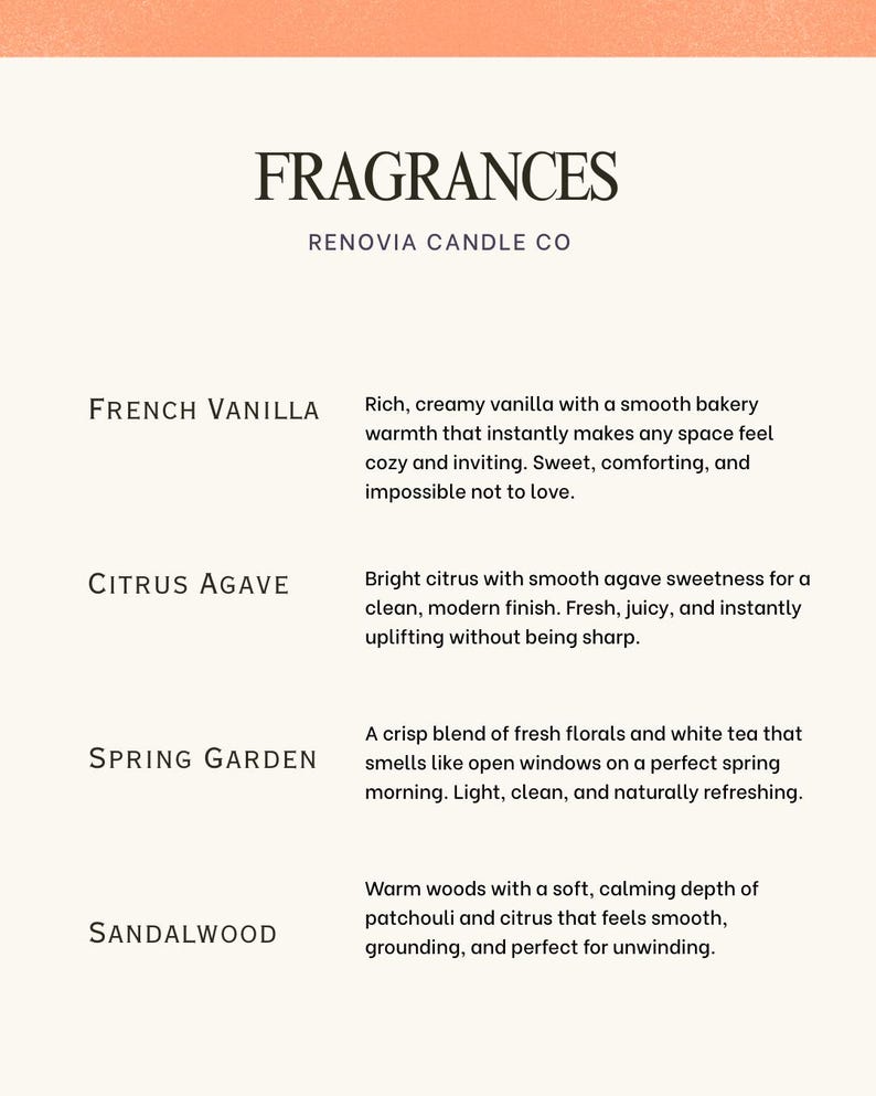 Op de afbeelding: Een productbeschrijvingskaart voor Renovia Candle Co. met het woord "FRAGRANCES" bovenaan. Het bevat vier geuren: French Vanilla, Citrus Agave, Spring Garden en Sandalwood. De kaart heeft een lichtbeige achtergrond.