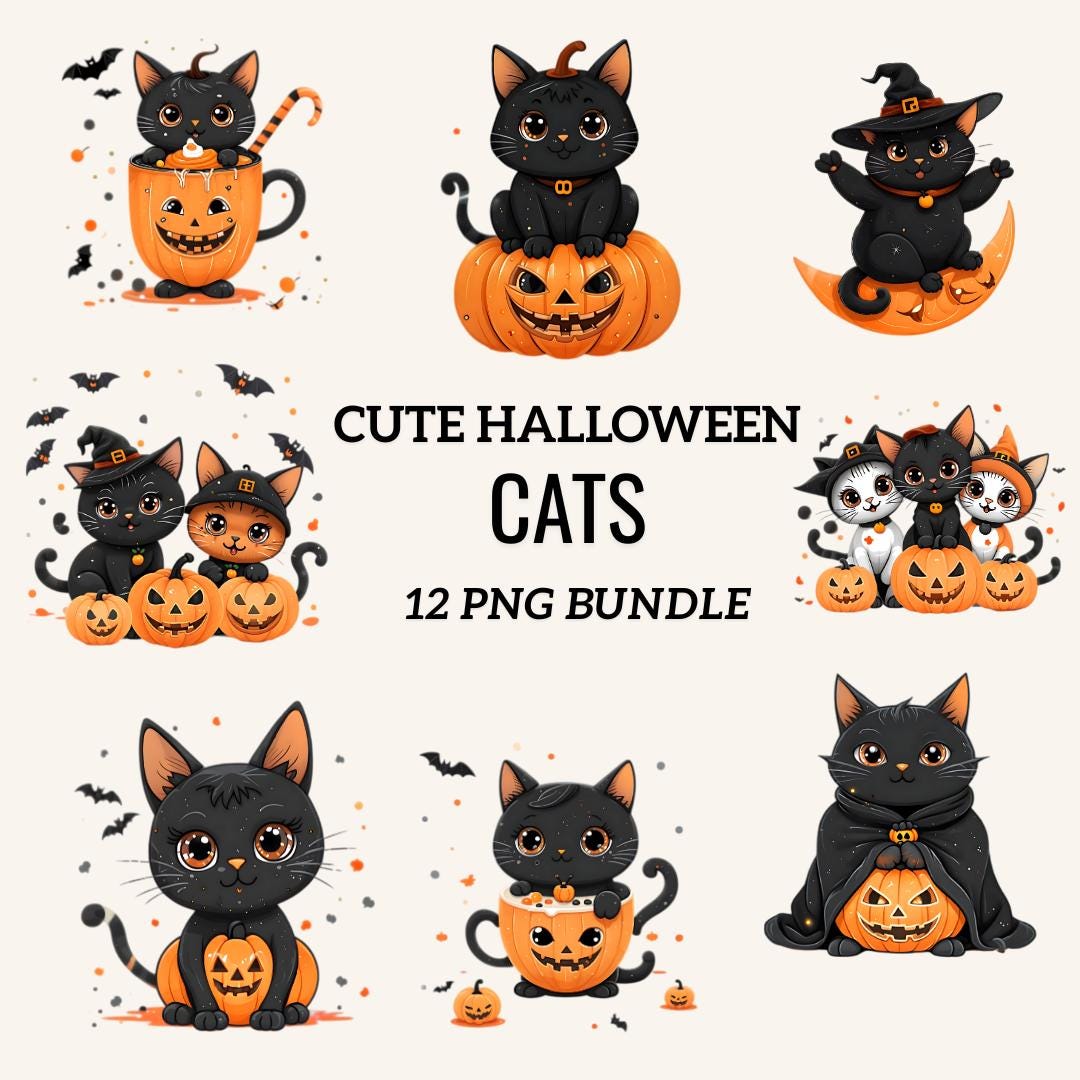 Halloween Cat Clipart: Kawaii Pumpkin PNG Bundle (digital File) - Etsy