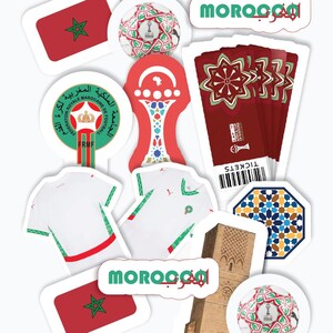 May include: A collection of Moroccan-themed stickers and items. Includes Moroccan flags, soccer balls, jerseys, tickets, and architectural elements. The colors are red, green, white, and gold. The word "MOROCCO" is displayed in English and Arabic.