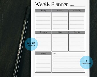 Planificador semanal minimalista para mamá para Año Nuevo, imprimible / Blanco y negro, tamaño A4 y carta (PDF)