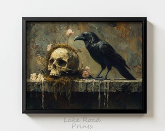Gothic Raven and Skull Wall Art, Digital Download, Dark Academia Home Decor, Gothic Skull Artwork, Raven Painting, Gothic Decor H111