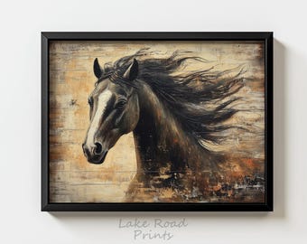Arte mural imprimible de Mustang salvaje: pintura rústica de caballo, crin al viento, decoración vintage del oeste, impresión rústica de estilo rústico, arte digital H110