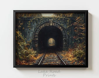 Autumn Railway Tunnel Oil Painting - Moody Fall Landscape, Rustic Printable Wall Art, Vintage Train Track Decor, Nature Scene Print H119