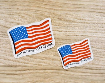 Waterproof American Flag Stickers, Hand-Drawn “Faith, Family, Freedom”