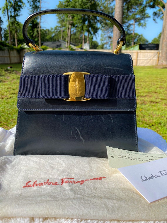 Salvatore Ferragamo Navy Leather Hand Bag 2Way