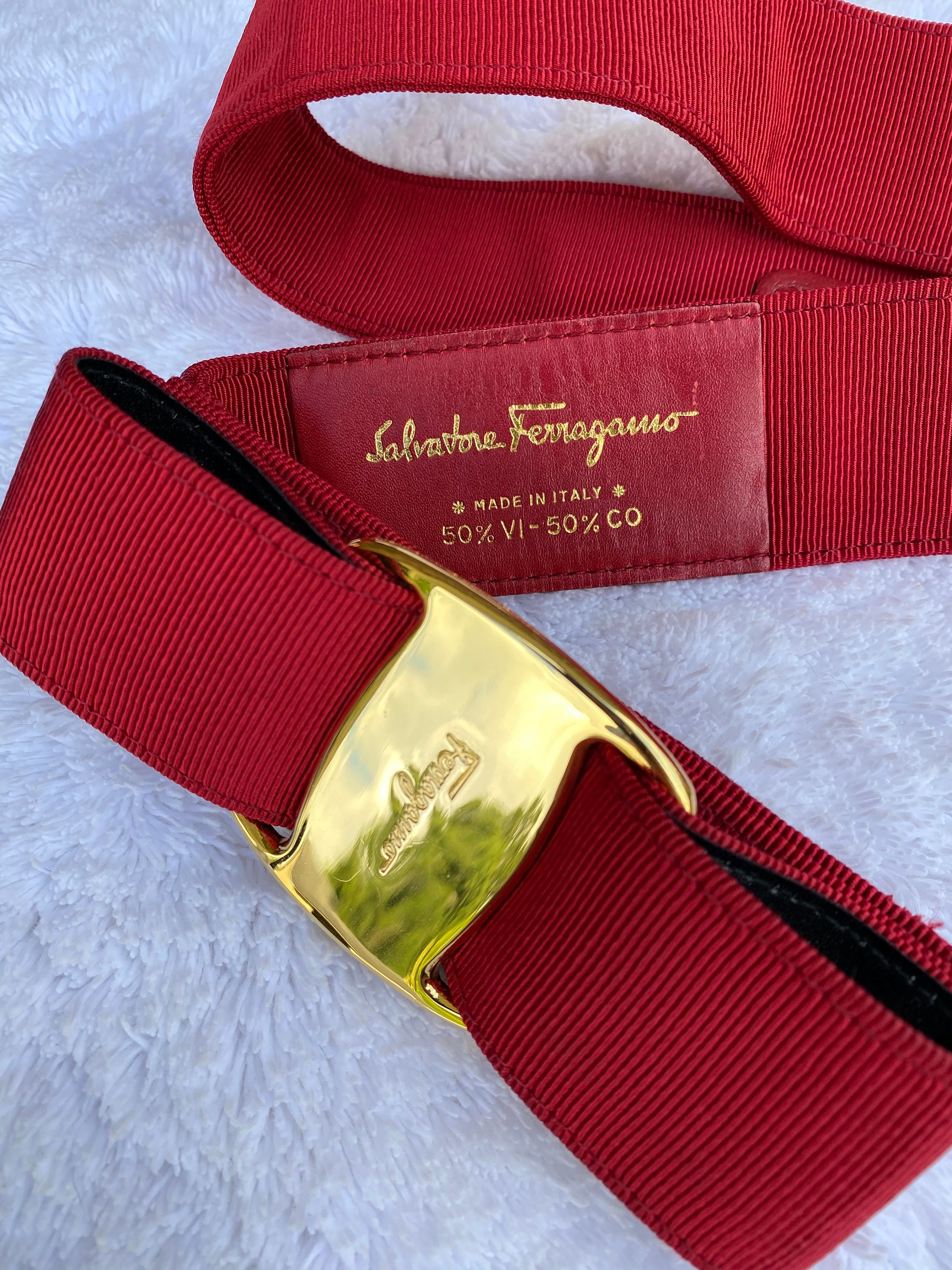 Salvatore Ferragamo Belt Moss Green Gold Hardware Vara Viscose Cotton  Women's