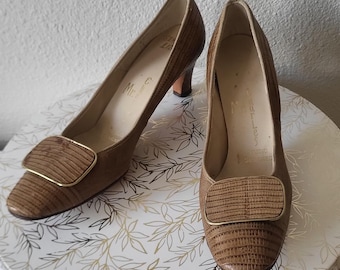 Vintage 1960s Brown Genuine Lizard Skin Pumps | Mr. Charles | Kitten Heels