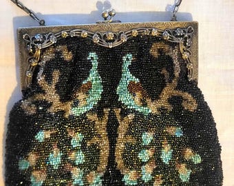 Antique 1900s-1920s Art Deco Glass Micro-Beaded Peacock Flapper Purse | Pierced Floral Filigree Frame
