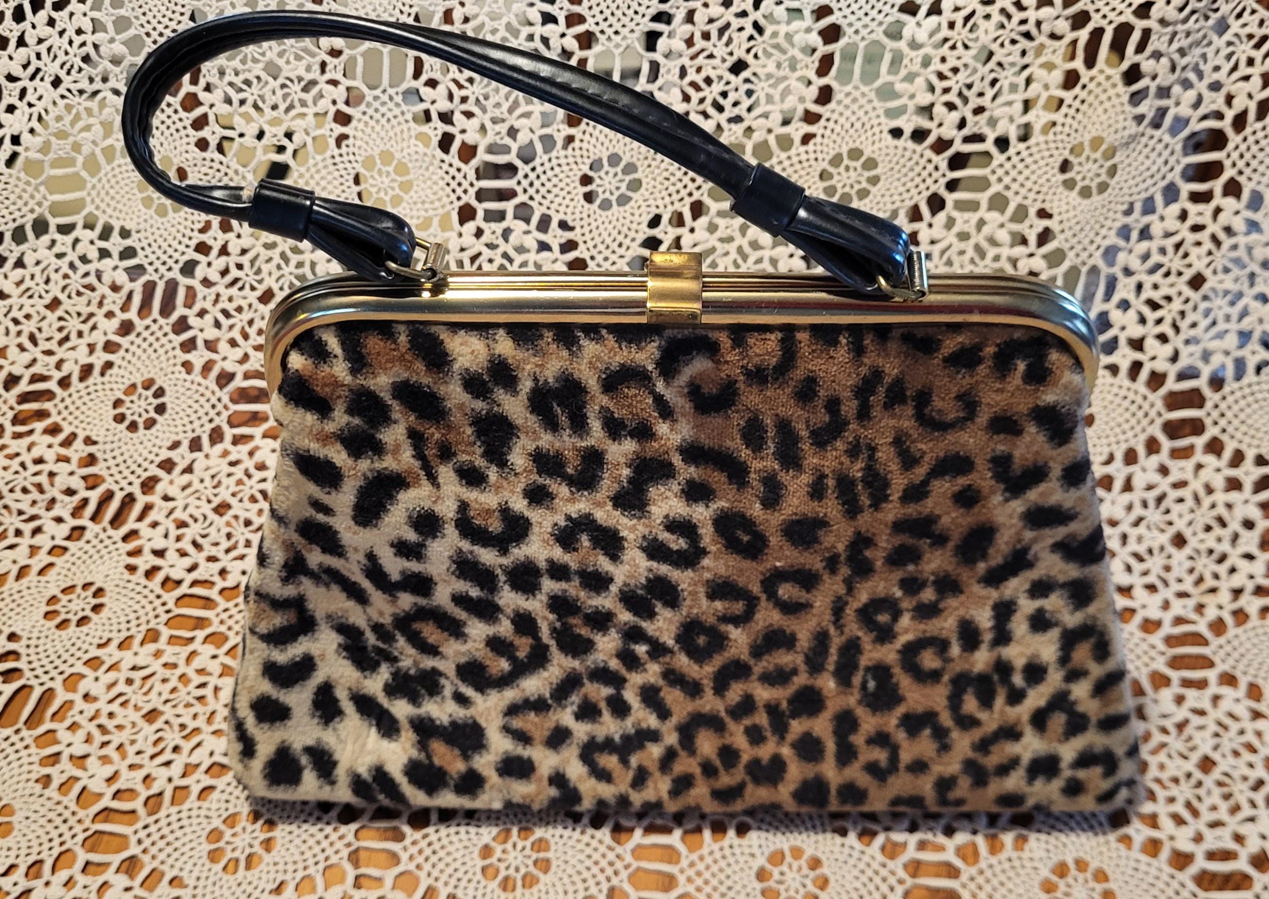 1950s Vintage Leopard Print Faux Fur Handbag | Gold Kiss Lock