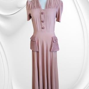 Vintage 1940s Pink Rayon Dress | Novelty Pockets | WWII Era Swing Dress