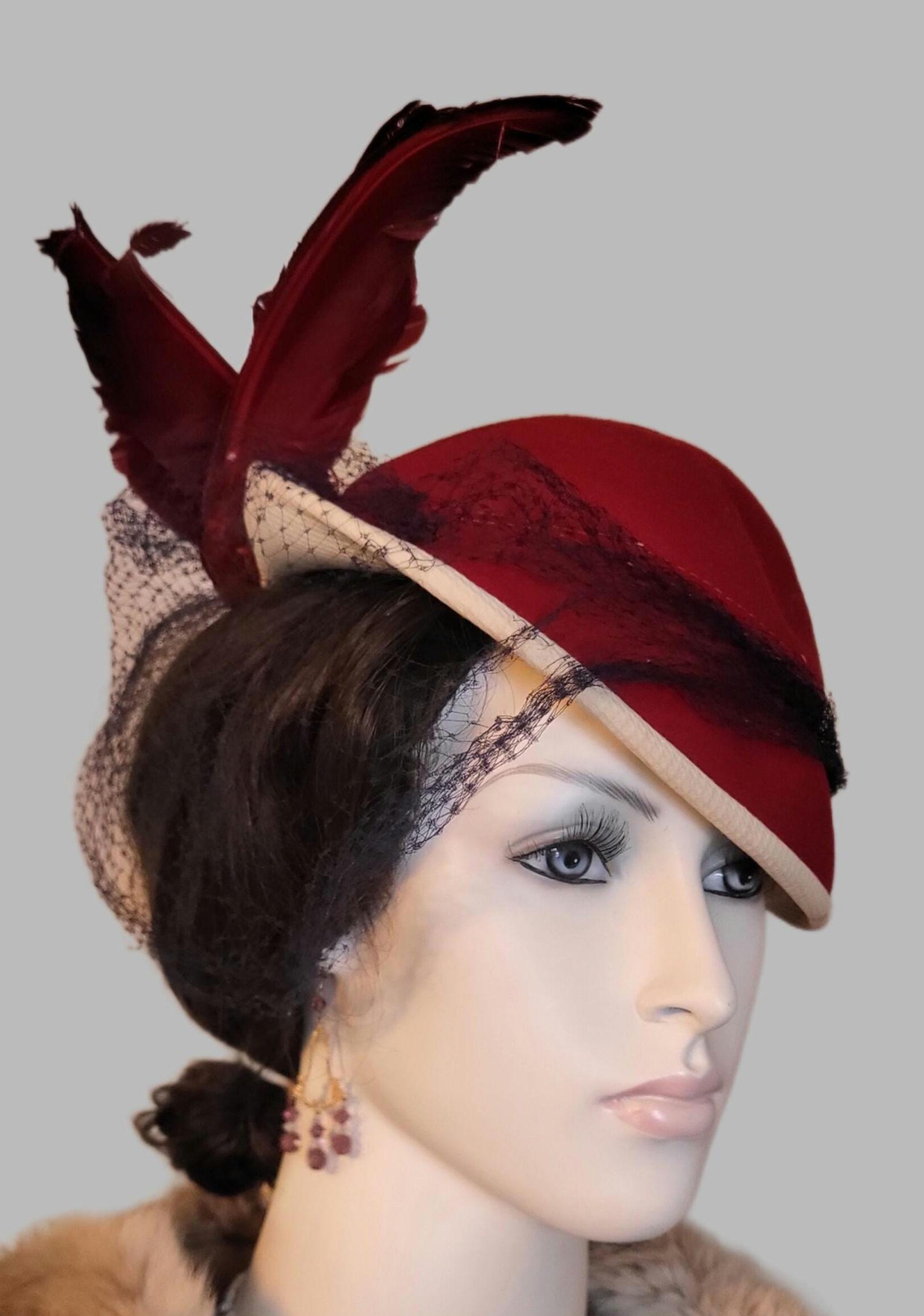 Vintage 1940s Milgrim New York Merrimac Fur Felt Cocktail Hat Veil Feather 1940s/1950s Taupe Birdcage Veil Floral Felt Wide Brim  main image 3