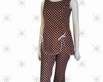 Vintage 1960s Joyce Two Piece Set - Brown Polka Dot Mod Tunic and Pants