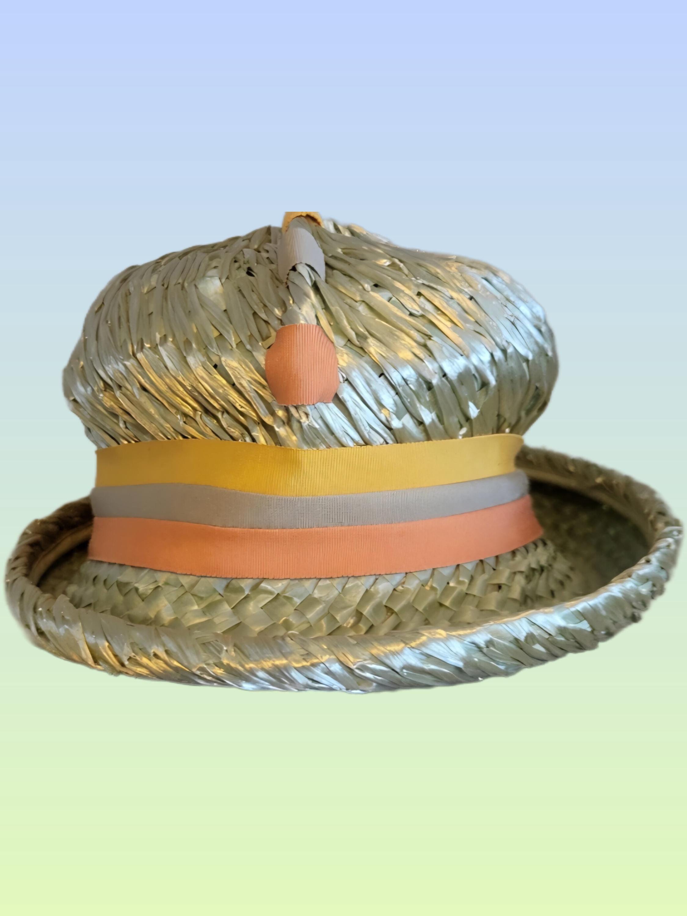 CHARMING DESIGNER 1950s\' CREAM STRAW HAT + GREEN BAND & \