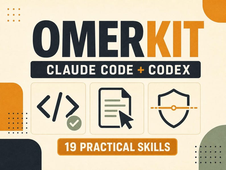 K&ouml;nnte beinhalten: Ein Grafikdesign mit dem Text OMERKIT CLAUDE CODE + CODEX und 19 PRACTICAL SKILLS. Das Layout enth&auml;lt drei schwarze Symbole: eine Code-Klammer mit einem H&auml;kchen, ein Dokument mit einem Cursor und ein Schild mit einer horizontalen Linie.