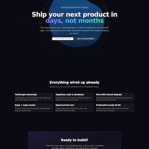 May include: A dark-themed website landing page for a software starter kit. The header displays 'Your Product' with navigation links. The hero section features the text 'Ship your next product in days, not months' over a blue circular graphic.
