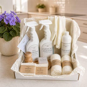 May include: A white box filled with cleaning supplies, including spray bottles, gloves, washcloths, dish sponges, and a bottle of mop soap. The bottles are labeled "All-Purpose Cleaner" and "Limescale Remover". A potted violet plant is in the background.
