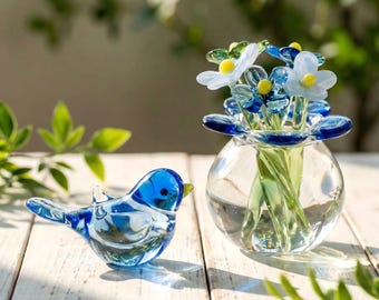Ramo de flores de cristal hecho a mano con pájaro, mini arreglo floral, regalo de cumpleaños