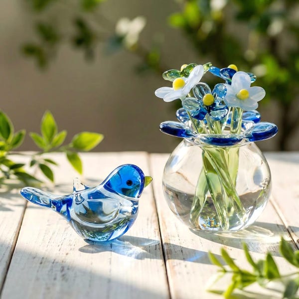 Handmade Glass Flower Bouquet with Bird, Mini Floral Arrangement, Birthday Gift