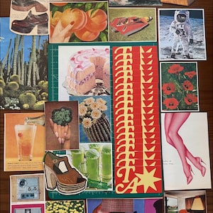 May include: A collage of vintage images, including a cake, a toucan, a space scene, and a pair of platform shoes. Other images include a cactus, a cocktail, and a pair of legs in high heels. The collage is arranged on a brown surface.