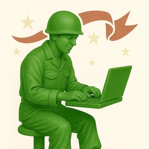 May include: Green toy soldier figurine seated at a laptop, wearing a helmet and uniform. The image includes the text "LT. LOGAN GLOBAL" at the bottom, with stars and a ribbon in the background.
