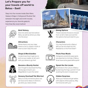 Puede incluir: Un cartel promocional de Star Wars: Galaxy's Edge en Batuu East, con texto e imágenes. El cartel incluye información sobre atracciones, restaurantes, personajes, oportunidades fotográficas y merchandising. El fondo tiene un esquema de color púrpura y blanco.