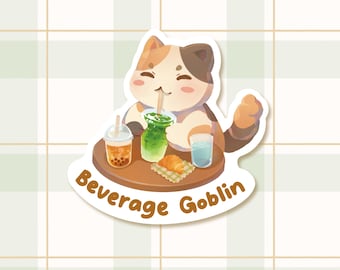 Beverage Goblin Cat Sticker | Matte & Water Resistant | Cute Kawaii | Beverage Sticker | For Laptops, Journals, Planners, Water Bottle