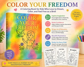 Op de afbeelding: Een kleurrijk kleurboek met de titel "Color Your Freedom" met een meisje en een vogel op de omslag. De rug van het boek luidt "Color Your Freedom". Het boek is ontworpen voor kinderen die graag dromen, kleuren en zich vrij voelen. Het boek bevat de tekst "Every page is a journey to joy, imagination & freedom!"
