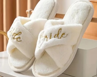 Personalized Bride Slippers, Fluffy Bridal Party Spa Slippers