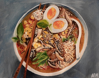 RAMEN soup original OIL painting on primed PAPER, no framed. Asian, Japanese food art.