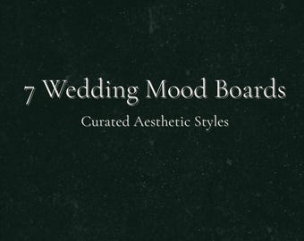 Puede incluir: Fondo verde oscuro con el texto "7 Wedding Mood Boards" y "Curated Aesthetic Styles" en blanco. La imagen es un gráfico promocional para recursos de planificación de bodas.