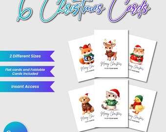 Editable Animal Christmas Cards Canva Template (Digital Download)